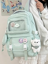 tanie Plecaki dla dzieci i nastolatków-dziewczęcy plecak szkolny w kolorze makaroników - wodoodporny, o dużej pojemności, z ozdobnymi szpilkami, brelokiem w kształcie pluszowego misia i wieloma kieszeniami, odpowiedni dla nastoletnich uczennic i do codziennego użytku na uczelni