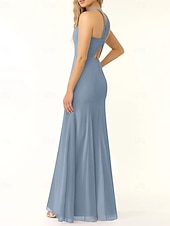 baratos Vestidos para Madrinhas-Vestido de dama de honra sereia/trompete, decote halter, sem mangas, elegante, longo, chiffon, com fenda frontal 2025