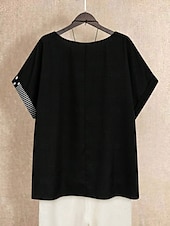 billige Kvinne Striper &amp; Geometriske Topper-Dame Bluse Grafisk Polkadotter Stripet Grunnleggende Kortermet Crew-hals Vanlige topper Ferie Knapper Trykt mønster Svart Navyblå Grønn Sommer Vår