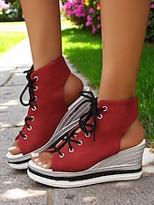 tanie Casual sandały-damskie sandały na koturnie z denimu, modne letnie buty z odkrytymi palcami, idealne na basen, wyjścia na brunch i do nadmorskich kawiarni