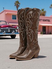 levne Cowboy &amp; Western Boots-Dámské hnědé kovbojské kozačky po kolena v západním stylu - vyšívané natahovací jezdecké boty z umělé kůže s blokovými podpatky na country koncerty, rančové outfity a podzimní outfity