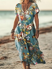 abordables Robes fleuries décontractées-Femmes Robe Longue Maxi Robe Robe Décontractée Robe d&#039;été Mode Extérieur Soirée Fête Coupe régulière Fleur Manche Courte Col en V Jaune Bleu Violet Marron Été