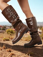 olcso Slouch Boots-Női barna műbőr térdig érő csizma tripla csatos pántokkal – western lovagló stílus őszi szettekhez, farmi napokra és szabadtéri viseletre