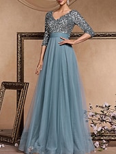 baratos AZUL-Vestido de Gala em A Vestido Elegante Formal Casamento Comprimento do Chão Manga 3/4 Decote em V Com Lantejoulas com Lantejoulas