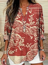 abordables Hauts d&#039;Art et de Design pour Femmes-Femmes Chemise Fleuri Élégant Moderne manche longue Col en V Hauts Réguliers Quotidien Fête Boutons Imprimé Rouge Vert Été