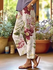 abordables Pantalon droit-Femmes Chinos Vacances ancien Style Ethnique Longueur cheville Taille haute Fleuri Graphique Rayure Bandes Respirant Doux Extérieur Micro-Élastique Extérieur Vacances Occasionnel Rose violet Blanche