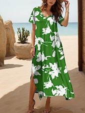 abordables Robes fleuries-Femmes Robe maxi Robe Décontractée Robe d&#039;Été Robe trapèze Vacances Occasionnel Plage Coupe régulière Fleuri Graphique Manche Courte Col en V Noir Blanche Rouge Bleu Été Printemps