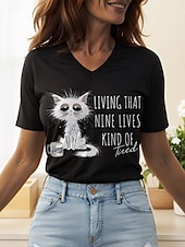 economico Maglietta di Umorismo &amp; Citazioni-Per donna Maglietta Grafico Animale Gatto Vintage Elegante Classico Manica Corta Scollo a V Top Regolari Quotidiano Stampato Nero Bianco Rosa Rosso Blu Estate Primavera