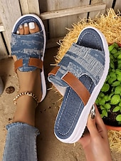 economico Sandali Casual-sandali slip-on in denim da donna con dettagli in similpelle, stile rustico chic da fattoria per barbecue in giardino, passeggiate in campagna e abbigliamento casual quotidiano