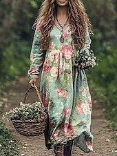 abordables Robes Boho-Femmes Robe maxi Robe trapèze Vacances Occasionnel Boho Sortir Plage Coupe Ample Fleuri Graphique Paisley manche longue Col en V Rouge Bleu Vert Gris Été Printemps