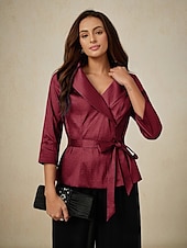 ieftine Topuri imbracate-Pentru femei Bluză Topuri de seară Elegant Metalic Stilat Lungime Manșon 3/4 În V Topuri obișnuite Invitat la nunta Serată Semi formal cravata fata Roșu Vin Primăvară, toamnă, iarnă, vară