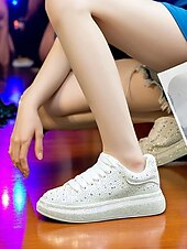 baratos Ténis de mulher-Tênis plataforma feminino branco com strass - sapatos de festa brilhantes com cadarço e detalhes em cristal para a vida noturna e para baladas