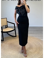 preiswerte Cocktailkleider-Rotes Etuikleid  Column Cocktailkleider Elegante Formelle Hochzeitsgast knöchellang ärmellos Off-Shoulder Satin mit Schleife(n)