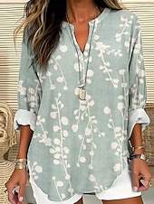 billige Kvinne Boho Topper-Dame Bluse Blomstret Grafisk Blader Bohem Årgang Tropisk Langermet V-hals Vanlige topper Daglig Ferie Strand Klær Trykt mønster Salvie Grøn Navyblå Dusty Blue Sommer Vår