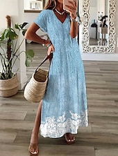 abordables Robes fleuries-Femmes Robe maxi Robe Décontractée Robe d&#039;Été Robe trapèze Élégant Vacances Occasionnel Fête Plage Coupe régulière A Ombre Fleuri Graphique Manche Courte Col en V Vert Claire Bleu Ciel Été Printemps