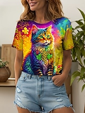 preiswerte Tiere T-Shirt-Damen T Shirt Blumen Grafik Tiermotiv Vintage Stilvoll Klassisch Kurzarm Rundhalsausschnitt Rundhals Normale Oberteile Täglich Wochenende Druck Gelb Rote Blau Purpur Grün Sommer Frühling