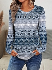 billige Boho t-skjorte-Dame T skjorte Grafisk Geometrisk Stilfull Fritid trendy Langermet Crew-hals Vanlige topper Daglig Helg Trykt mønster Rosa Blå Sommer Høst