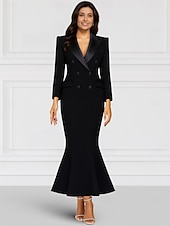 preiswerte Bodenlänge-Schwarz-weißer Meerjungfrau Blazer Revers Brautmutter Kleid Hochzeits Elegant Knöchellang Stretchstoff Langarm mit Farbblock