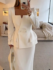 preiswerte Mamas Kleidersets-Zweiteiliges Fisch  Trompete Mutter der Braut Kleid Elegantes Peplum Kleid Set Einfach Minimalistisch Quadrat-Ausschnitt Tee Länge Krepp Stretchstoff Lange Ärmel mit einfarbig