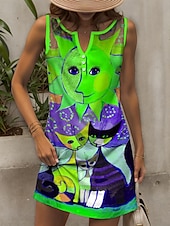 preiswerte Tiere Kleider-Damen Minikleid Sommerkleid Shiftkleid Schulterfreies Kleid Urlaub Lässig Outdoor Ausgehen Normale Passform Grafik Tiermotiv Katze Ärmellos V Ausschnitt Gelb Rote Blau Purpur Sommer Frühling