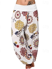 baratos perna larga e cintura alta-Mulheres Calças Calças Harem Calça Palazzo Moda Boho Comprimento total Cintura Média Imprimir Cintura elástica Confortável Micro-Elástica Rua Roupa Diária Para Noite Preto Branco Amarelo Rosa claro