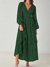 baratos Comprimento do chão-Linha A Vestido Para Mãe dos Noivos Formal Convidado do casamento Elegante Simples Minimalista Decote V Longo Chiffon Renda Manga Longa com Franzido Babados em Cascata 2025