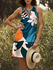 tanie Sukienki w paski i geometryczne-Damskie Sukienka mini Sukienka t-shirtowa Letnie sukienki Codzienny Codzienny Święto Regularny Kwiaty Graficzny Geometryczny Bez rękawów W serek Żółty Czerwony Niebieski Fioletowy Lato