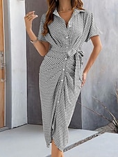 cheap Stripe&amp;Geometric Dress-Women&#039;s Midi Dress Sheath Dress Summer Dress Casual Daily Regular Fit Graphic Short Sleeve Lapel Black Brown Summer