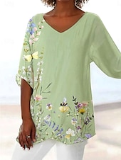 billige Blomstrete topper-Dame Bluse Blomstret Grafisk Blad Hawaiisk Stilfull Fritid 3/4 ermer V-hals Vanlige topper Daglig Ferie Ut på byen Trykt mønster Asymetrisk kant Lysegrønn Lilla Lyseblå Sommer Vår Høst