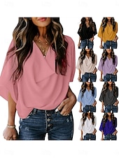 abordables Hauts habillés-Femmes Hauts d&#039;été Couleur Unie Uni Quotidien Élégant Occasionnel Demi Manches Col en V Hauts Réguliers Travail Quotidien Fête Froncé Drapé Noir Blanche Rose Claire Bleu Violet Été Printemps Automne