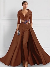 billige GRØNN-A-linje Kveldskjoler Elegant Kjole Formell Bryllup Gulvlengde Halvlange ermer Skjortekrage Sateng med Spalte Broderi Appliqué 2025