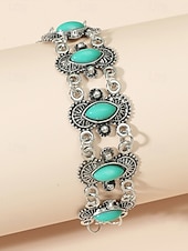 billige Damearmbånd-Dame vintage bohemsk armbånd med turkis stein – antikk sølvbelagt kjedeledddesign til hverdagsbruk, fester og gaver