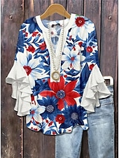 tanie Dzień Niepodległości Top-Amerykańska bluzka damska z grafiką lamparta boho vintage codzienna 3/4 długości rękaw falbaniasty dekolt w kształcie litery V regularne topy codzienny urlopowy strój nadruk żółty jasnozielony różowy