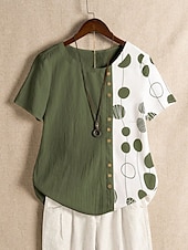 billige Kvinnenes Kunst &amp; Design Topper-Dame Skjorte Bluse Grafisk Polkadotter Grunnleggende Kortermet Crew-hals Vanlige topper Ferie Knapper Trykt mønster Hvit Navyblå Grønn Sommer Vår