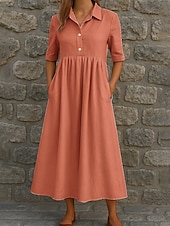 cheap Dresses-Women&#039;s Long Dress Maxi Dress Casual Dress Elegant Daily Date Loose Fit Pure Color Half Sleeve Shirt Collar Coral White Blue Green Summer