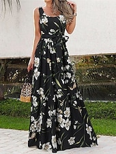 preiswerte Druck Blumen Kleider-Damen Langes Kleid Maxikleid Freizeitkleid Schwingkleid Sommerkleid Unterkleid Elegant Mode Modern Täglich Strand Wochenende Normale Passform Blume Ärmellos Rundhalsausschnitt Schwarz und Wei