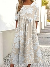 preiswerte Blumenkleid-Damen Midikleid Sommerkleid A Linie Kleid Urlaub Lässig Täglich Date Ausgehen Normale Passform Blumen Grafik Kurzarm Rundhalsausschnitt Rosa Blau Grün Beige Sommer Frühling