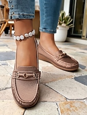 abordables Chaussures sans lacet et mocassins femme-Mocassins pour femme en similicuir métallisé avec mors doré, chaussures plates confortables à enfiler pour la conduite, le travail et les sorties décontractées