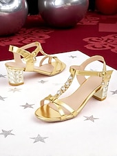 voordelige Hakken Sandalen-Gouden damessandalen met blokhak en strass-bandje - glamoureuze feestschoenen voor het nachtleven, clubevenementen en speciale avonden