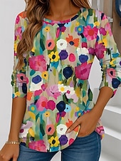 Maglietta da donna a manica lunga con scollo a girocollo tunica grafica floreale vintage elegante casual tops regolari stampa weekend rossa blu viola verde estate economico Maglietta Arte & Design-Maglietta da donna a manica lunga con scollo a girocollo tunica grafica floreale vintage elegante casual tops regolari stampa weekend rossa blu viola verde estate