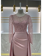 preiswerte Rosa-Meerjungfrauenschnitt Abendkleid Elegant Kleid Karneval Formell Bodenlang Langarm Illusionsausschnitt Abnehmbar Satin mit Perlen Überrock 2025