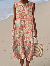 abordables Robes fleuries-Femmes Robe Midi Robe d&#039;Été Robe fourreau Robe trapèze Vacances Occasionnel Boho Soirée Sortir Plage Coupe Ample Fleuri Graphique Sans manches Col Rond Bleu Ciel Blanc et Violet Rose Claire Bleu Ét