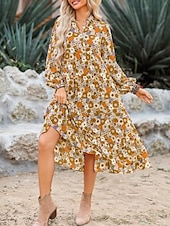economico Abiti floreali-Per donna Abito Midi Abito a trapezio Casual All&#039;aperto Uscire Vestibilità regolare Floreale Grafico Manica Lunga Scollo a V Marrone chiaro Azzurro cielo Arancione Verde Estate