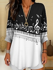 abordables Tops de Rayas y Geométricos para Mujeres-Túnica de Blusa para Mujer Festival de Música Cuello en V Manga Larga Boho Casual Tops Gráfico Geométrico Elegante Vintage Tropical Tops Regulares Impresión Diaria Blanco Y Negro