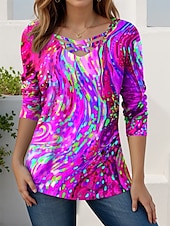 ieftine tricou Art &amp; Design-Pentru femei Tricou Grafic Geometric Abstract Stilat Modern Casual Manșon Lung În V Topuri obișnuite Zilnic Eliminat Imprimeu Roșu-aprins Albastru piscină Mov Trifoi Primăvară Toamnă