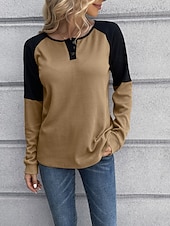 お買い得  ストライプ＆ジオメトリックTシャツ-女性用 ブラウス カラーブロック スタイリッシュ カジュアル 長袖 クルーネック レギュラートップス 日常 パッチワーク ボタン イエロー ワイン 夏 春