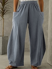 abordables Pantalon uni en coton et lin-Femmes Pantalon en coton et lin Culottes Jambe Large Jambe large Mode Occasionnel Longueur complète Taille Moyenne Uni Taille Élastique Respirant Confortable Micro-Élastique Rue Tenue quotidienne