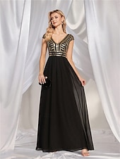 baratos PRETO-Vestidos Quinceanera A-Line Vestido Elegante Formal Comprimento de Chão Sem Mangas Decote V Chiffon Costas em V com Pregas