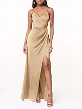 cheap Bridesmaid Dresses-A-Line Bridesmaid Dress V Neck / Spaghetti Strap Sleeveless Elegant Floor Length Charmeuse with Split Front / Ruching