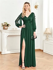 olcso Fekete-A-vonal Quinceanera Ruhák Elegáns Ruha Formális Esküvői Padló Hosszúságú Hosszú Ujjú V Nyak Sifon V Hátsó Ráncokkal Hasítékkal
